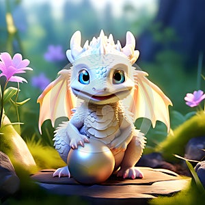 Super cute little white dragon with big eyes and wings in a green forest. Fantastic monsters. cartoon character