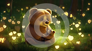 Super cute mama bear sitting on the green grass and hugging baby bear. Happy mother's day card. AI generated image