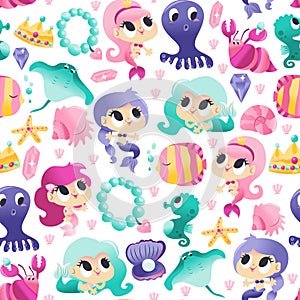 Super Cute Mermaids Sea Creatures Seamless Pattern Background