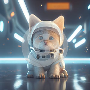 Super cute pet astronaut kitten cat in a white spacesuit explorer