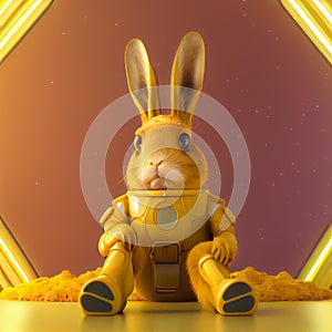 Super cute pet astronaut rabbit in a yellow spacesuit in space