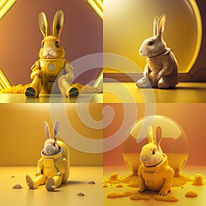 Super cute pet astronaut rabbit in a yellow spacesuit in space