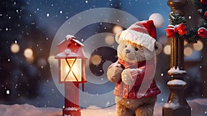 Super cute Teddy bear in Santa hat with gift box. AI generated image