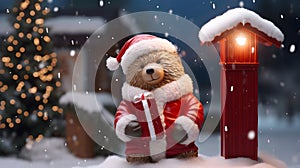 Super cute Teddy bear in Santa hat with gift box. AI generated image