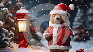 Super cute Teddy bear in Santa hat with gift box. AI generated image