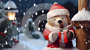 Super cute Teddy bear in Santa hat with gift box. AI generated image