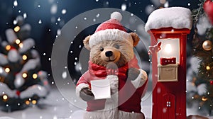 Super cute Teddy bear in Santa hat with gift box. AI generated image