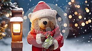 Super cute Teddy bear in Santa hat with gift box. AI generated image