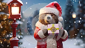 Super cute Teddy bear in Santa hat with gift box. AI generated image