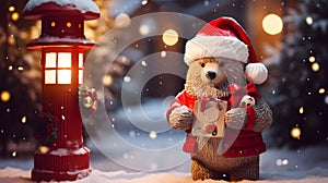 Super cute Teddy bear in Santa hat with gift box. AI generated image