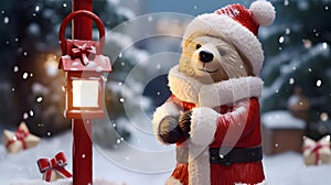 Super cute Teddy bear in Santa hat with gift box. AI generated image