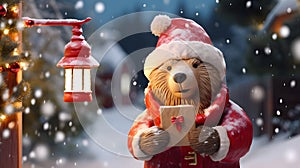 Super cute Teddy bear in Santa hat with gift box. AI generated image