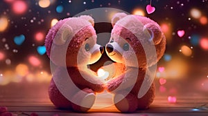 Super cute Teddy bears couple in love. Happy Valentine's day concept background. AI generated image