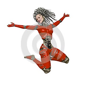 Super cyborg is jumping with happiness