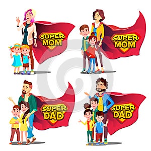 Super Dad, Mom Vector. Mother And Father Like Super Hero With Children. Shield Badge. Isolated Flat Cartoon Illudtration