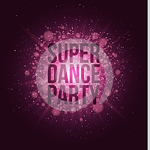 Super dance party. Luxurious invitation card. Purple flash with purple dust. Night party. Poster for your project. Purple glare bo