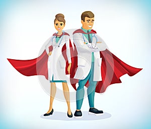 Super doctor cartoon character. Superhero doctor with hero cloaks. Healthcare vector concept. Medical concept. First aid
