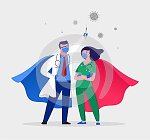 Super doctor and nurse wearing medical masks and capes, superhero couple, vector cartoon illustration