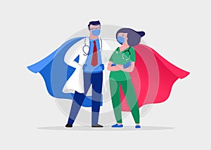 Super doctor and nurse wearing medical masks and capes, superhero couple, vector cartoon illustration