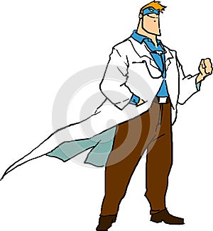 Super doctor ready to rescue and cure patient with all of his strength in cartoon style