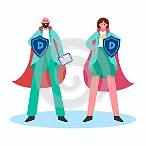 Super doctors with red hero cloak and shield vs covid19. Female and male superhero doctor. Protection against