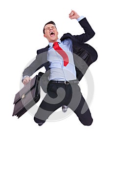 Super excited business man with briefcase photo