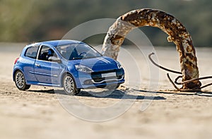 Super fast car passing a pothole.