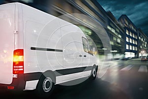 Super fast delivery of package service with a fast moving van on cityscape