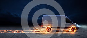 Super fast delivery of package service with van with wheels on fire