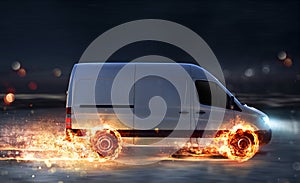 Super fast delivery of package service with van with wheels on fire