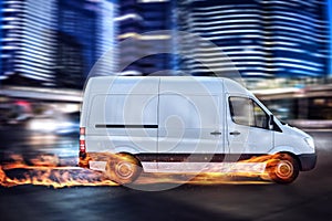 Super fast delivery of package service with van with wheels on fire.