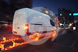 Super fast delivery of package service with van with wheels on fire. 3D Rendering
