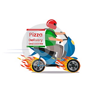 Super fast pizza delivery on a moped on fire wheels. Character young man