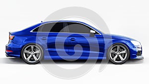 Super fast sports car color blue metallic on a white background. Body shape sedan. Tuning is a version of an ordinary