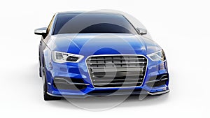 Super fast sports car color blue metallic on a white background. Body shape sedan. Tuning is a version of an ordinary