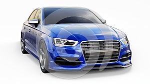 Super fast sports car color blue metallic on a white background. Body shape sedan. Tuning is a version of an ordinary