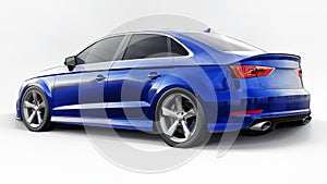 Super fast sports car color blue metallic on a white background. Body shape sedan. Tuning is a version of an ordinary