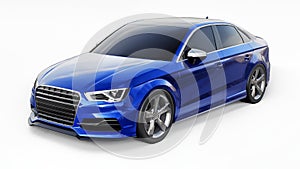 Super fast sports car color blue metallic on a white background. Body shape sedan. Tuning is a version of an ordinary