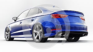 Super fast sports car color blue metallic on a white background. Body shape sedan. Tuning is a version of an ordinary