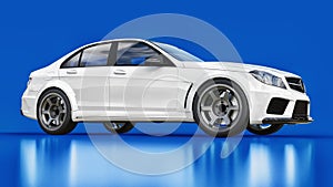 Super fast white sports car on a blue background. Body shape sedan. Tuning is a version of an ordinary family car. 3d