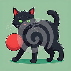 Super fluffy black cat with green eyes playing with a red ball