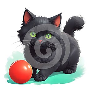 Super fluffy black cat with green eyes playing with a red ball