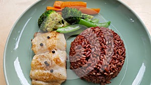 Super food rice berry with fish and vegetables
