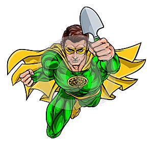Super Gardener Superhero Holding Garden Spade
