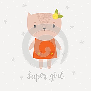 Super girl. Cute little kitty. Greeting card or postcard. Beautiful cat with flower