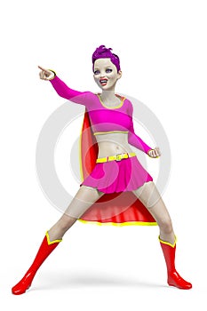 Super girl pointing the way in white background