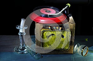 Super grungy turntable assemblage with vinyl record photo