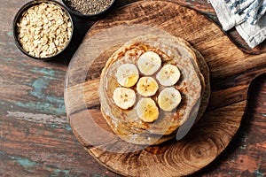 super healthy food Oatmeal pancakes with honey and chia seeds.