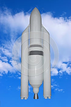 Super heavy classan rocket carrier  against a background of blue sky.