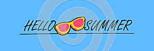 Super Hello summer vector banner with text and retro yellow sunglasses isolated on blue water background. Hello summer